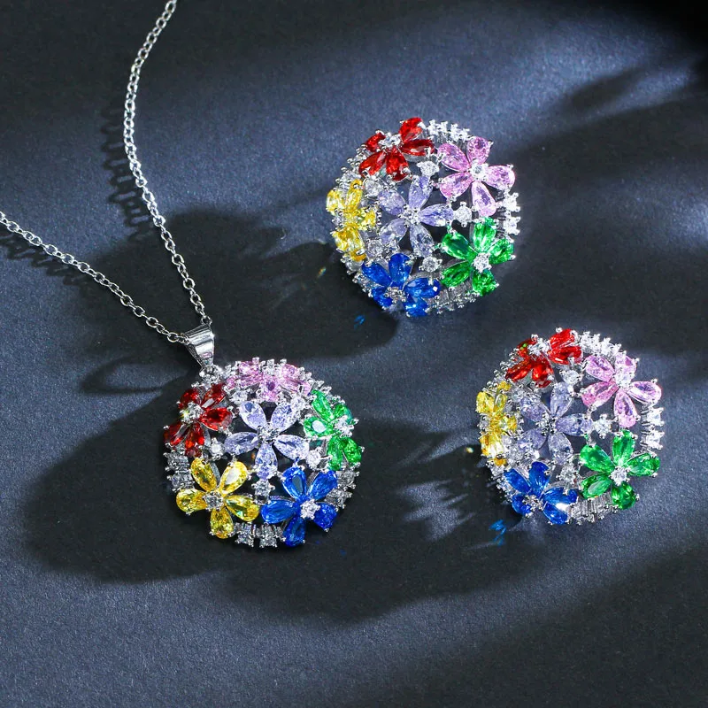 CWWZircons Multi Color Cubic Zirconia Crystal Half Round Pendant Necklace and Earrings Sets Women Fashion Costume Jewelry T140|Ювелирные