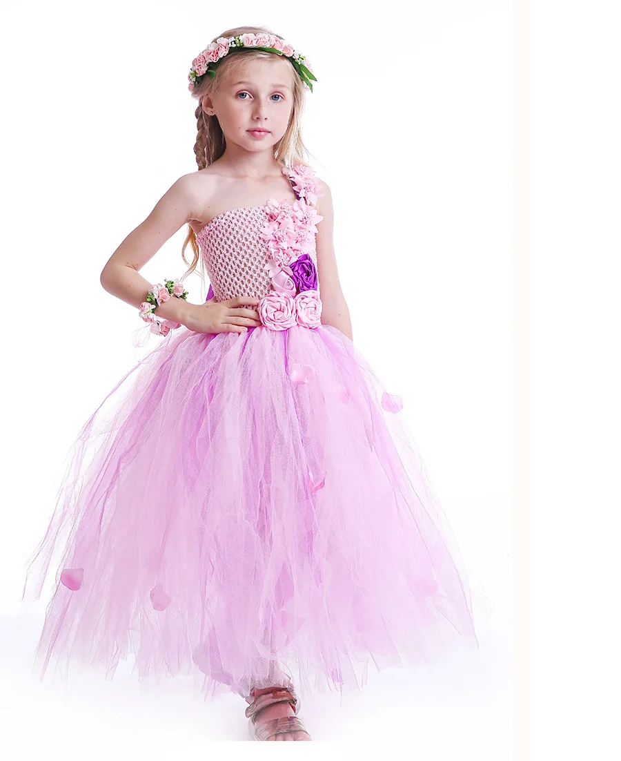 Pink and Purple Flower Girl Tutu Dress Kids Pink Petals Birthday Wedding Party Dress Boutique Handwork Girls Ball Gowns (6)