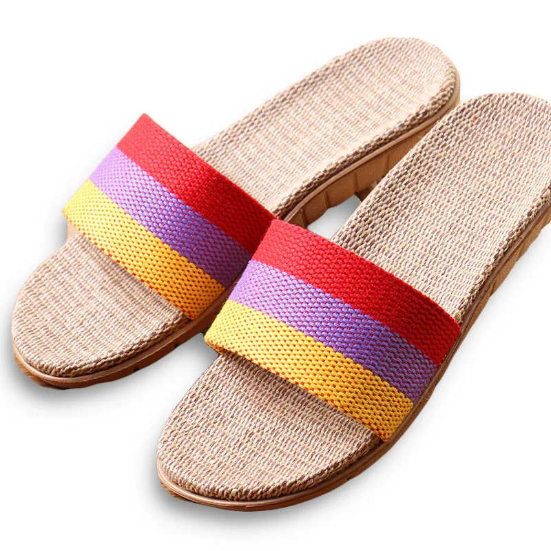 

New Arrivals Summer Linen Women Slippers Brand Flat Non-Slip Breathable Stripe Hemp Basic Slides Home Sandals Charm Beach Shoes
