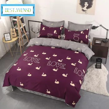 

BEST.WENSD free shipping swan 3/4pc Red wine duvet cover flowers flat bedsheet pillowcase -beddengoed -buy-direct-from-china