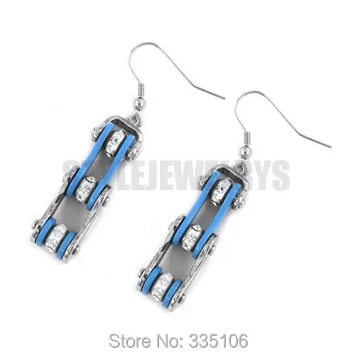 

Free Shipping! Blue Bicycle Chain Motor Earring Stainless Steel Jewelry White Rhinestone Motorcycles Biker Earring SJE370124LA