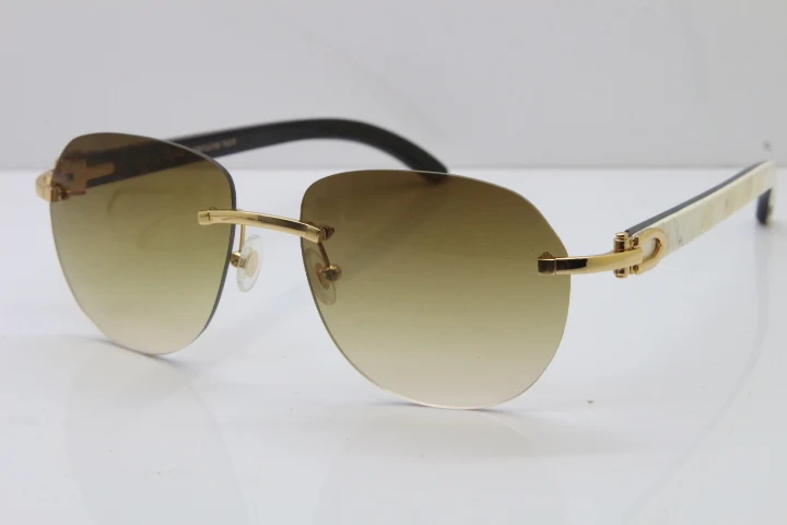 Cartier Rimless 8300729 Black Mix White Buffalo Horn Sunglasses In Gold Brown Lens (1)