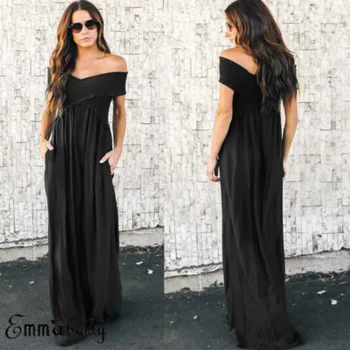 

Dress 2018 New Brand Womens Off Shoulder Pockets Long Dress Sleeveless Backless Party Summer Beach Dress