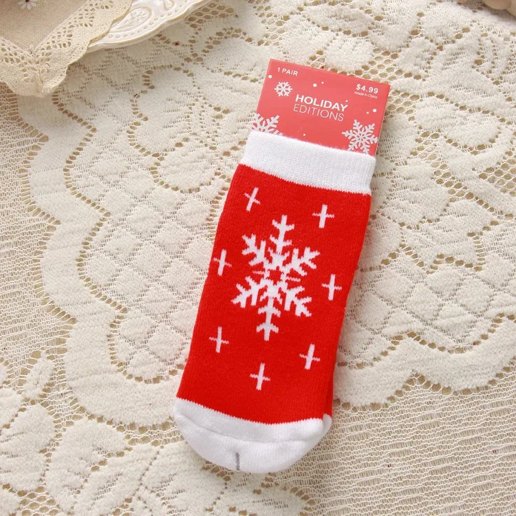 Детские жаккардовые носки из чистого хлопка с рождественской тематикой, красные рождественские носки для малышей, впитывающие пот носки, DS19