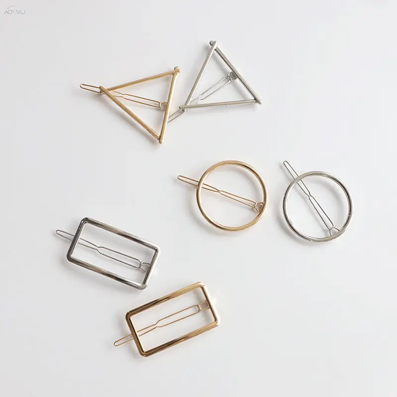 

AOMU 1PC Simple Metal Hairpin Hollow Geometric Round Rectangle Hair Clips Gold Silver Color Heart Hair Accessories for Women
