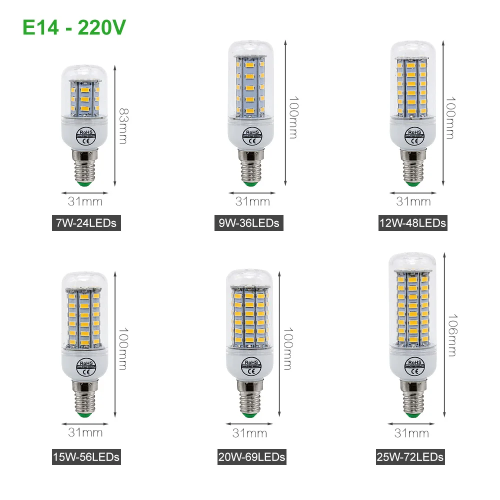 Светодиодный лампы E14 E27 G9 GU10 B22 лампочки Кукуруза SMD 5730 24 36 48 56 69 72 светодиодная
