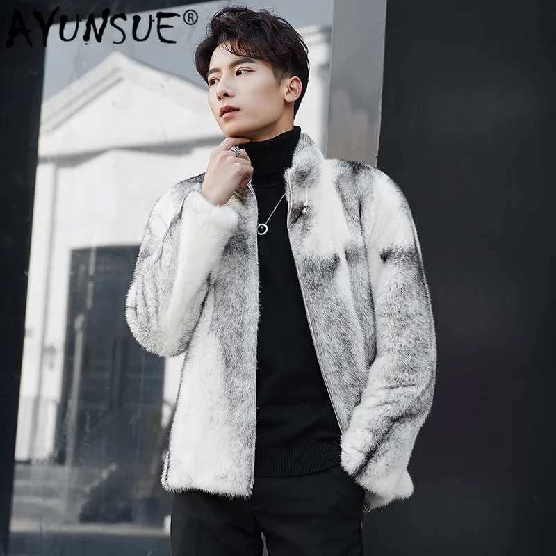 AYUNSUE, Мужская норковая шуба, зимняя куртка, настоящая шуба, Мужская Корейская шуба из натурального меха, теплая белая Роскошная куртка, ZD0004-1, KJ2720