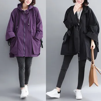 2020 New Plus Size Women's Spring Autumn Long Trench Coats Loose Large Pocket Hooded Windbreaker Coat Female Outerwear X301 weixu girls spring autumn trench jackets coats new children s zipper hooded long jacket coat kids windbreaker outerwear clothing