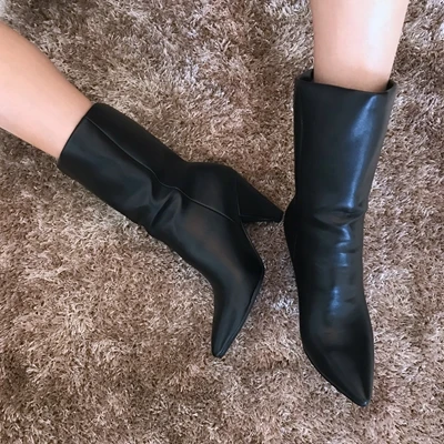 Женские кожаные ботинки 9 см женские черные ботинки до середины икры на высоком каблуке женские зимние ботинки с искусственным мехом женские ботинки обувь на высоком каблуке - Цвет: BLACK zhouwen short