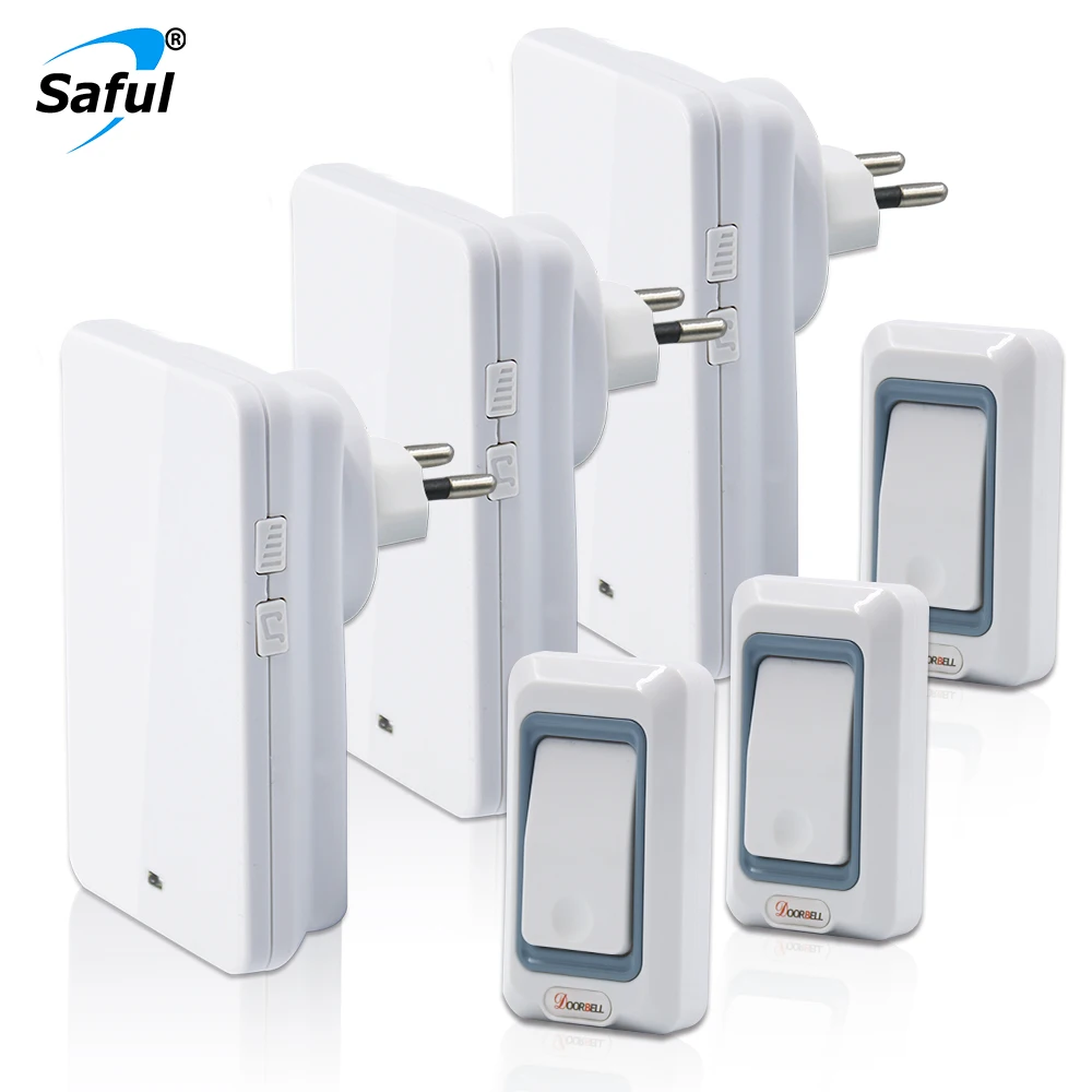 Saful Plug-in EU/US/UK/AU Wireless Doorbell Kits Button 3 Outdoor Transmitters +3 Indoor Receivers