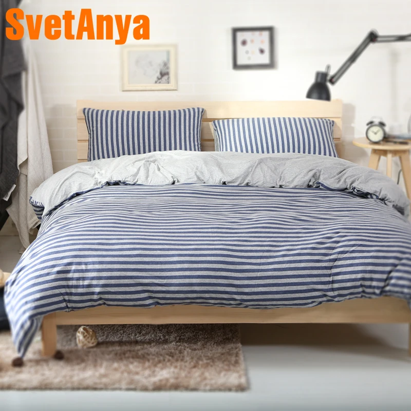 Svetanya عارية النوم محبوك القطن بياضات سرير الأزرق شريط نمط فراش سرائر للمنازل مجموعات جاهزة أو شقة ملاءات حاف طقم أغطية