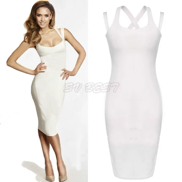 2015 Women Knee length White Dress Summer Bandage Sleeveless Dress