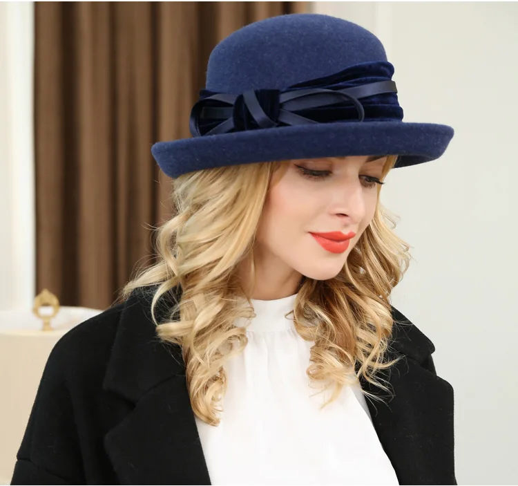 2_Vintage Wide Brim Hats Felt Women Navy Blue Wool Fedora Warm Ladies Bowknot Top Cloche Hat 2018 Chapeau Femme