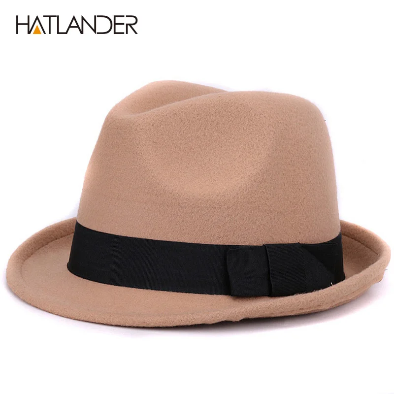 [HATLANDER] одноцветная шляпа-канотье из искусственной шерсти, фетровая шляпа для женщин и мужчин, джазовые кепки, Кепка-котелок, зимняя верхняя шапка - Цвет: Light brown