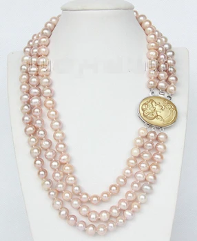 

FREE shipping> >>>16" 3row Strand 9mm pink-purple pearls necklace cameo seashell clasp j9375