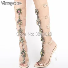 Роскошные Дизайн из прозрачного ПВХ ремни сандалии Для женщин высокие сапоги до колена со стразами сандалии с открытым носком ясно Вечерние туфли на высоком каблуке