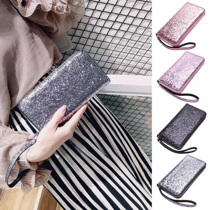 Hot Selling Women Long Wallet Sparkly Sequins PU Leather Bag Hand-held Phone Card Holder-B5