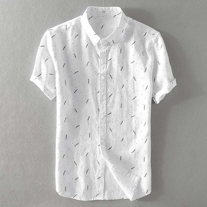 Meilleur 2018 pour hommes d été en lin pur imprimé décontracté à manches courtes chemise Lâche art ventilateur lin chemise hommes M 3XL tour col à pointes boutonnées chemises mâle