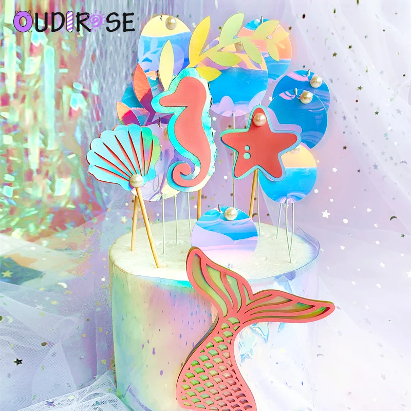 Oudirose Crown Mermaid Decoration Laser Blue Fishtail Cake Topper Children S Day Kids Party Supplies Birthday Dessert Cute Gift Aliexpress Home Garden