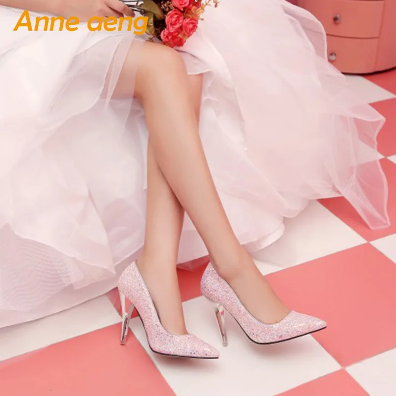 women pumps High thin heel bling Bridal wedding shoes classic pointed toe Sexy Ladies party shoes White High Heels size 34-43