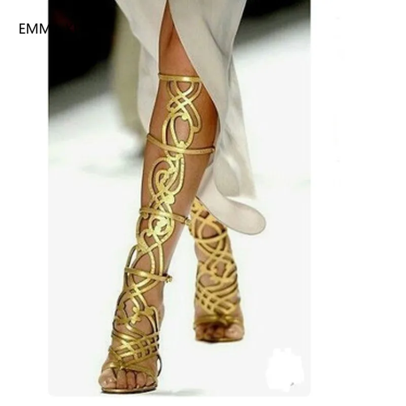 Damen Stiefel Shown Sandalen out Kniehohe Gladiator In Schuhe Dünne as High Sexy Frauen As Römischen Spitze Sommer Heels Runway Gold Frau Cut Picture Picture Stil Offene qIYHIw1