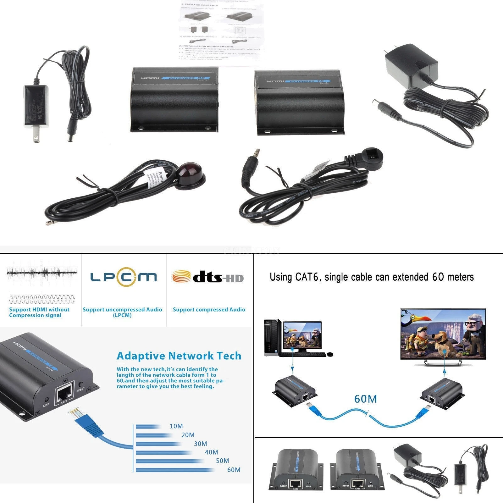 10 세트 3D 1080P HDMI 호환 네트워크 익스텐더 케이블 IR Cat6/6A 이더넷 케이블 60M