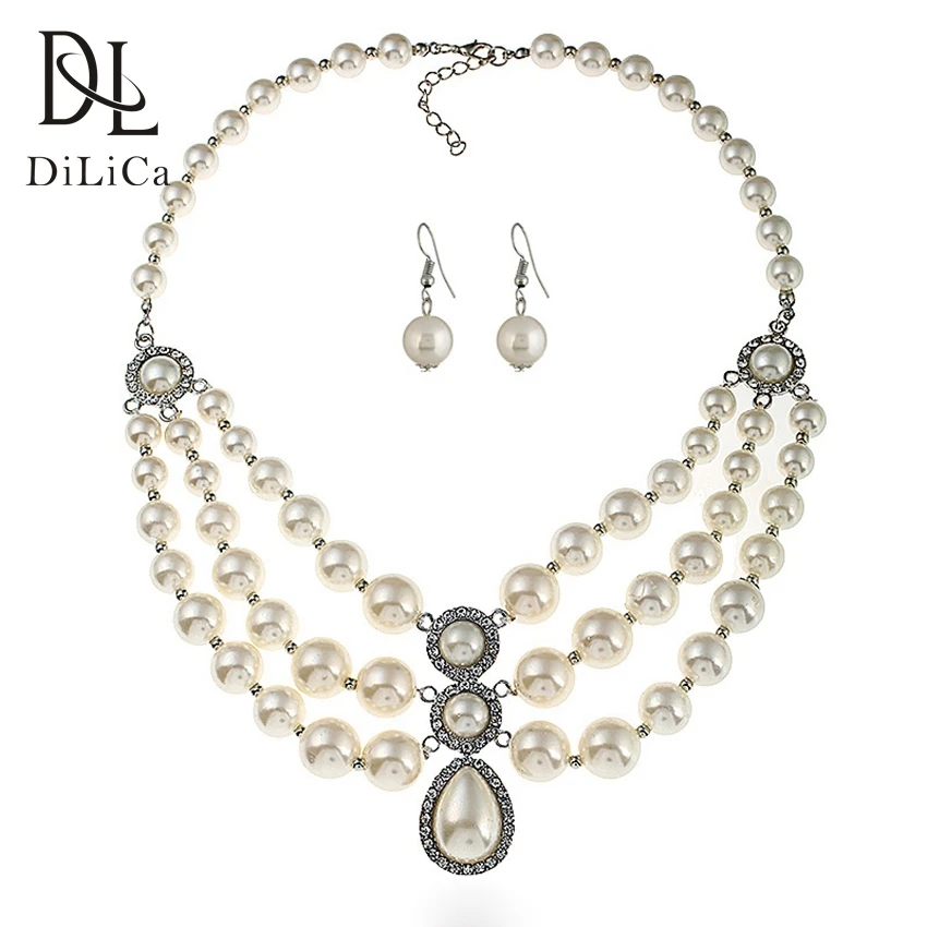 DiLiCa Elegant Jewelry Sets Women Simulated Pearl Necklace Drop Earrings Bridal Wedding Jewelry