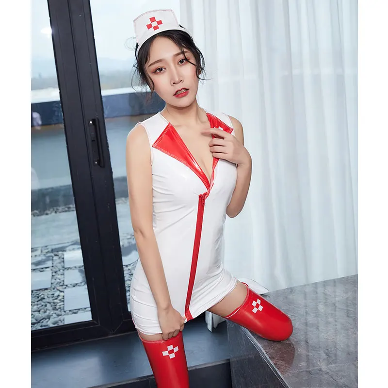 

Cosplay MINI Dress PU Faux Leather Shiny Sexy Nurse Uniforms Role Playing Outfits Erotic Lingerie Sexy Costumes Halloween Suits