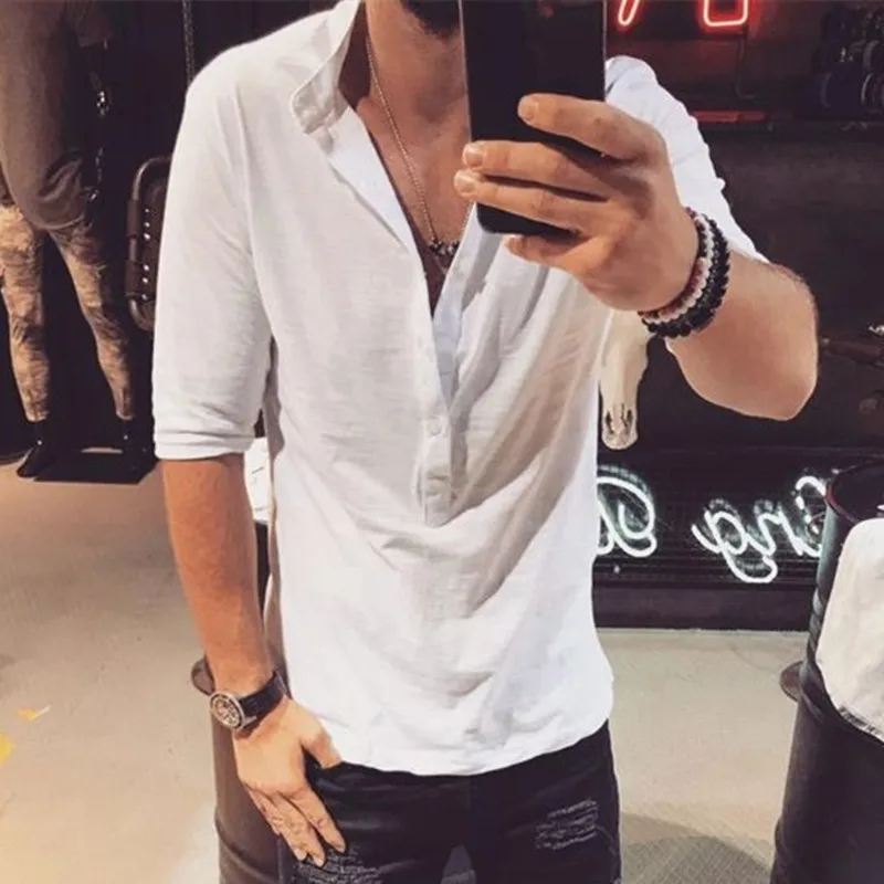 2019 الأزياء قميص الرجال هينلي قمصان الخامس الرقبة نصف كم صالح سليم Camisa هومبر عطلة الشاطئ قميص قميص الخريف الرجال الملابس