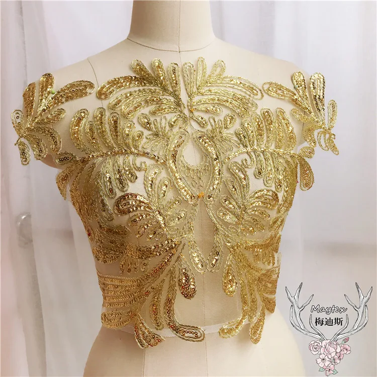 

Women dress diy sewing decorative embroidery patches with sequins 1 Piece champagne color tulle mesh lace applique 2018 NEW!