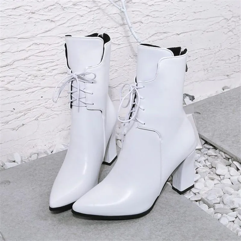 Brand Designers 2018 New Winter Women Shoes Black High Heels Riding Boots Lacing Platform Ankle Boots Chunky Heel Big Size 32-43 (12)
