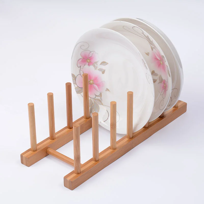 TH Wooden Bamboo Display Stand Bowl Plate Drainer Plate Stand Wood Dish Rack 6 Pots Cups Display