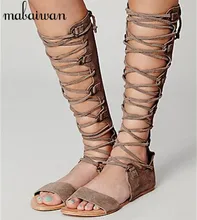 Punk Style Women Genuine Leather Gladiator Sandals Hollow Out Lace Up Flat Shoes Woman Casual Beach Flats Summer Knee High Boots