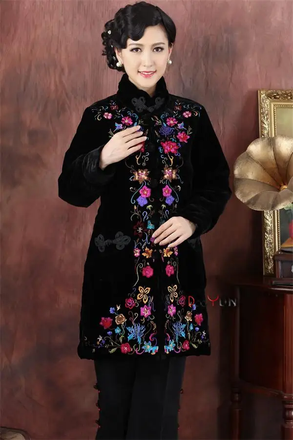

Free Shipping Autumn Winter Black Chinese Lady Velvet Jacket Mandarin Collar Slim Outwear Button Embroidery Coat Size S To XXXL