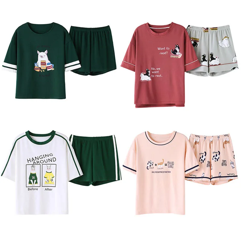 

Summer pyjamas set for women short-sleeved shorts round neck 2pcs casual home clothing cotton pajama women cartoon pijamas mujer