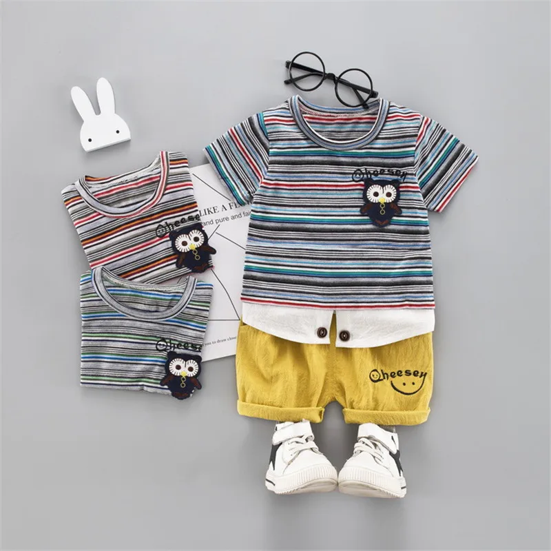 

Clothes Set For Baby Boy Toddler Cotton Striped Short Sleeve T shirt+Shorts Lovely Cartoon Owl Outfit Clothing For Children