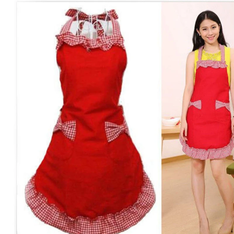 Adjustable Lovely Lace Work Apron Kitchen Cooking Women Ladies Lace Sexy Aprons with Bow Knot Pocket Kitchen Bib Apron for Women