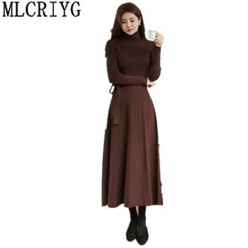 

2019 Elegant Long Sleeve Dress Women Autumn Winter Knitted Sweater Dress Female With Belt Turtleneck Black Ladies Dresses YQ277