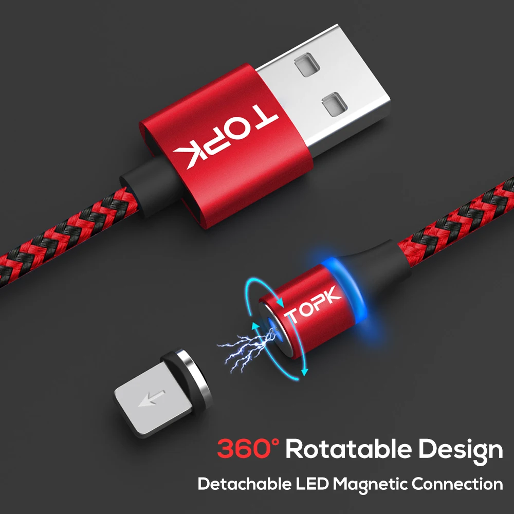 TOPK R Line3 светодиодный магнитный кабель usb type C и Micro USB Магнитный для зарядки iPhone X 8 7 6