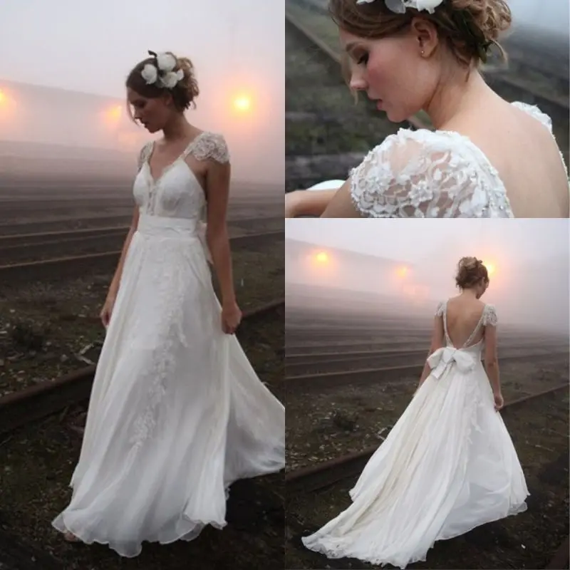 

Boho Style A Line V Neck Sweep Train White Chiffon Beach Wedding Dresses With Cap Sleeve Lace Backless Beach Bridal Gowns