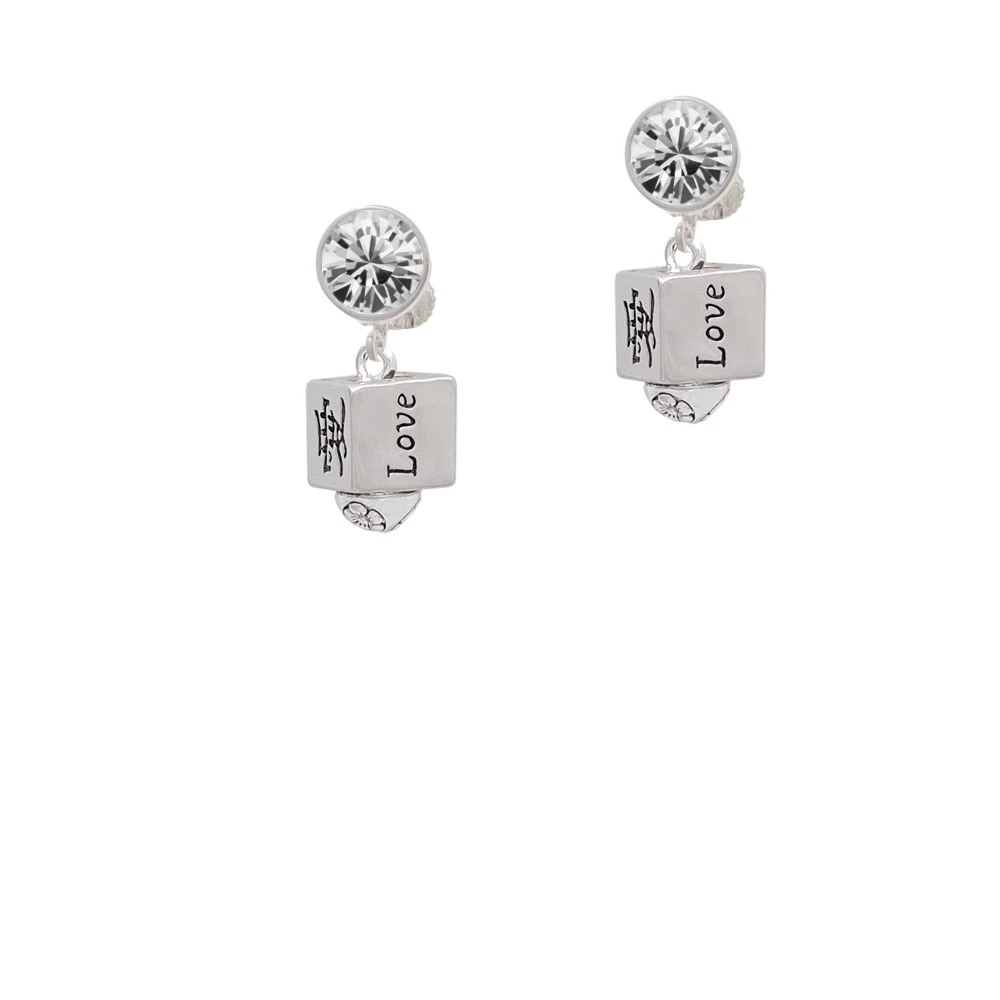 Chinese Symbol Love Square Spinner Crystal Clip On Earrings (1)