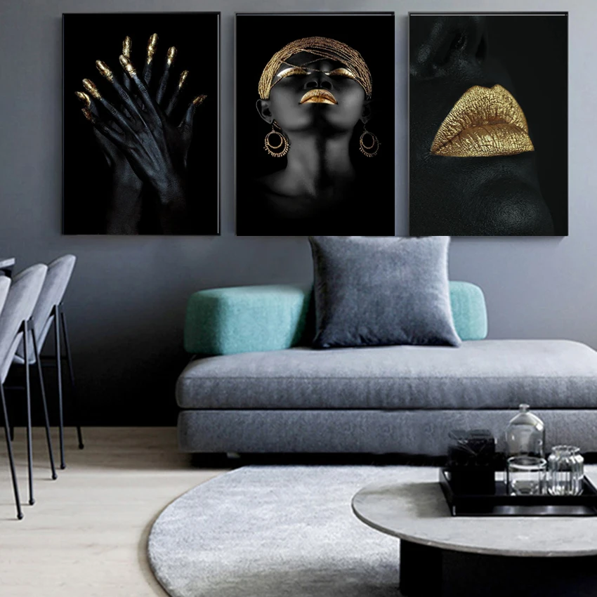 

2019 Modern Black Sexy Girl Lips Hands Gold Canvas Painting For Living Room Decorations Canvas Posters No Framed Wall Painting