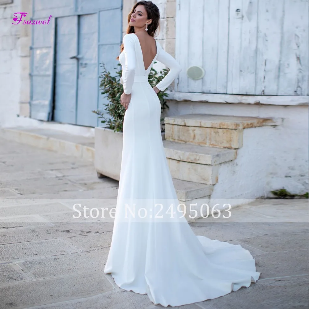 Fsuzwel Romantic Scoop Neck Backless Mermaid Wedding Dresses Elegant Long Sleeves Satin Sashes Trumpet Bride Gown Plus Size