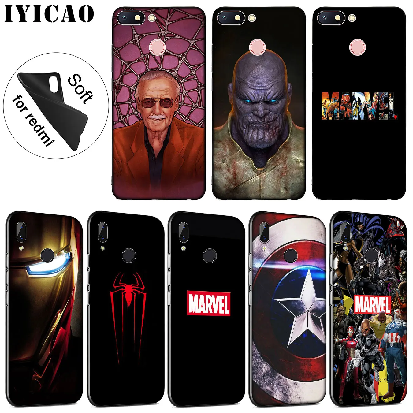 

IYICAO Marvel Superheroes logo Soft Silicone Phone Case for Xiaomi Redmi 6A 5A Note 7 4 4X 5 Plus 6 Pro Black TPU Cover
