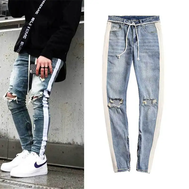 Pantalones vaqueros rasgados de mezclilla para hombre Pantalones vaqueros  de rayas laterales de moda Hip hop Skinny lápiz Jeans para hombre elástico  tobillo cremallera negro /azul pantalones vaqueros|Pantalones vaqueros| -  AliExpress