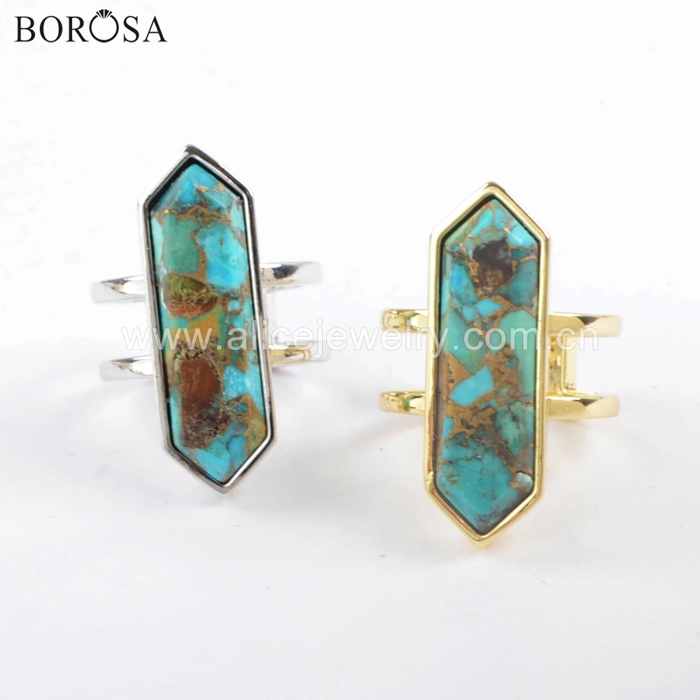 BOROSA 5 шт. высокое качество шестиугольник медь натуральная бирюза золото/серебряный, гальванический ободок Открытое кольцо Модные ювелирные изделия ZG0378
