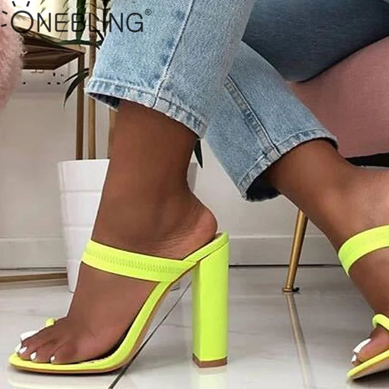 

OneBling Plus Size Neon Green Summer Outdoor Block Heeled Mules 2019 Women Pointed Toe High Heel Slippers Toe Loop Ladies Slides