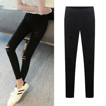 

Summer broken holes women Wear outside thin high waist tight ankle-length pencil pants Female Party Clothes P1012