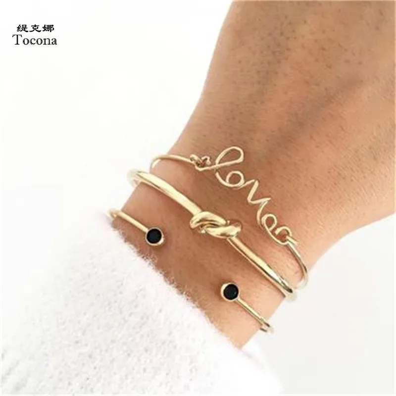 

Tocona 3 Pcs/Set Bohemian Opening Letter knot Bracelets Set for Women Punk Gold Bracelet Bangle Jewelry Accessories 6387