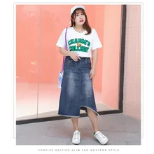 Осенняя Новая женская джинсовая юбка большого размера, одежда индивидуального размера плюс, асимметричная длинная юбка